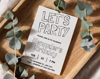 Invitación de cumpleaños sencilla en blanco y negro para "Let's Party", CUALQUIER EDAD, tarjeta de invitación sencilla, invitación para niños, adolescentes, niños y niñas, fiesta sencilla, Canva.