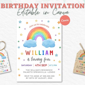 Editable Rainbow Birthday Invitation, Rainbow Invitation, Rainbow Template, Rainbow thank you tag, Canva Editable, Rainbow Invite