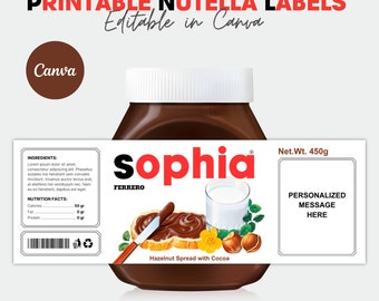 Personalized PRINTABLE NUTELLA Jar Label Digital File, Printable Nutella Labels, Customize Hazelnut Spread Label, Instant Download, Canva