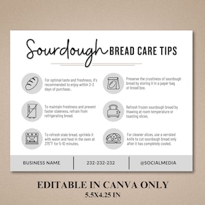 Cuidado do Sourdough Cartão Comemorativo | Instruções para cuidar do pão | Modelo de cartão de cuidado do pão | Folheto Informativo | Modelo de etiqueta de ingrediente | Modelo Canva |