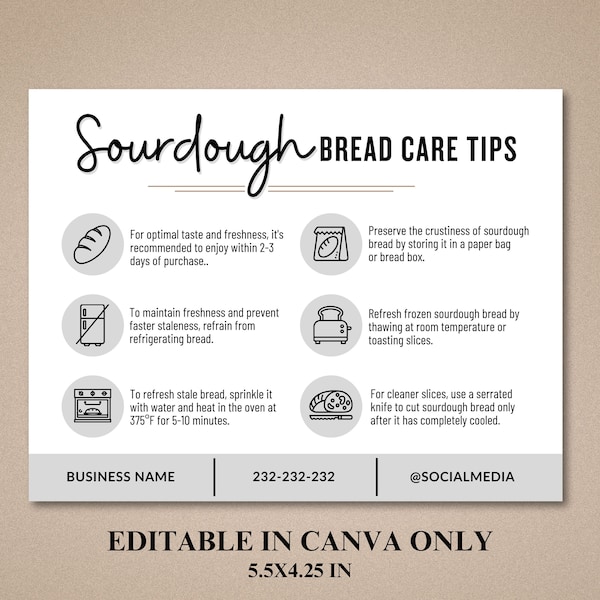 Sourdough Care Card | Bread Care Instructions | Bread Care Card Template | Package Insert | Ingredient Label Template | Canva Template |