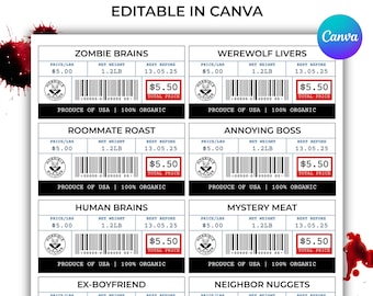 Può includere: Grafica a tema Halloween con finte etichette di carne, tra cui "Zombie Brains" e "Werewolf Livers". Ogni etichetta presenta un prezzo, un peso (0,54 kg) e una data di "Scadenza". Il testo "Halloween Fake Meat Label" è in alto.