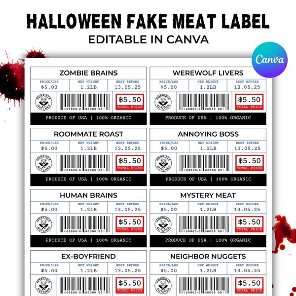 Bearbeitbare Halloween-Fleischetiketten, Horror-Fleischetikett, Halloween-Leckerei, Fleischaufkleber, Gruselige Halloween-Etiketten, Zombie-Etikett, bearbeitbare Etiketten.
