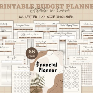 Puede incluir: Planificador de presupuesto imprimible con 65 páginas, con un diseño abstracto marrón y beige con una hoja de palma. El planificador incluye páginas para el seguimiento de tarjetas de crédito, suscripciones, presupuestos mensuales y semanales, ahorros y más.