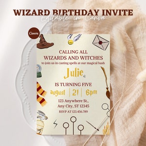 Convite de aniversário de bruxo editável, convite de aniversário de bruxo, convite de aniversário de bruxaria mágica para impressão, convite mágico, Canva