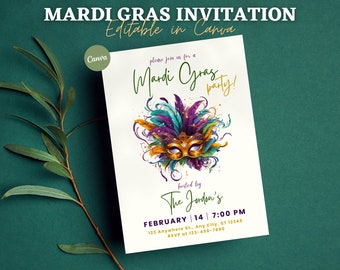 May include: A Mardi Gras party invitation with a colorful mask and feathers. The invitation includes the text "Please join us for a Mardi Gras party!" and "hosted by The Jordon's". The date and time of the party are February 14 at 7:00 PM. The address is 123 Anywhere St., Any City, ST 12345. The RSVP number is 123-456-7890.