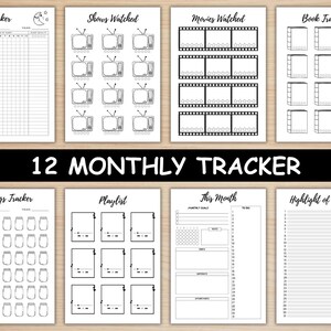 May include: A printable set of 12 monthly tracker pages with black and white illustrations. The pages include trackers for sleep, shows watched, movies watched, books read, savings, playlists, this month, and highlight of the day.