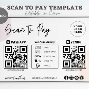 Edytowalna karta Scan to Pay, szablon Canva, znak z kodem QR, znak firmowy dla małych firm, płatność Venmo do druku, natychmiastowe pobieranie, Canva