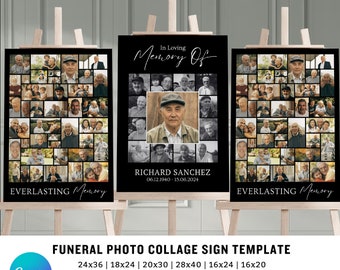 May include: A black and white photo collage sign template for a funeral. The sign features a large photo of a man in the center, surrounded by smaller photos of other people. The sign also includes the text "In Loving Memory Of", "Richard Sanchez", "06.12.1940 - 15.06.2024", and "Everlasting Memory". The sign is editable in Canva and available in various sizes, including 24x36 inches, 18x24 inches, 20x30 inches, 28x40 inches, 16x24 inches, 16x20 inches, 12x18 inches, 11x17 inches, 11x14 inches, A1, A2, and A3.