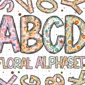 Letras del alfabeto floral de primavera (PNG), acuarela de flores para el Día de la Madre de verano, garabatos dibujados a mano, diseños de sublimación (PNG)