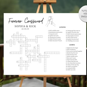 May include: A printable wedding crossword puzzle with the names Sophia and Rick and the date 18.08.24. The crossword puzzle has clues for the couple's wedding details, such as their favorite color, honeymoon location, and favorite food.
