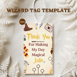 Bewerkbare Wizard Birthday Party Favor Tag, Wizard Thank You Tag, Afdrukbare magische tovenarij Birthday Party Label, Red house, Canva Magic Edit