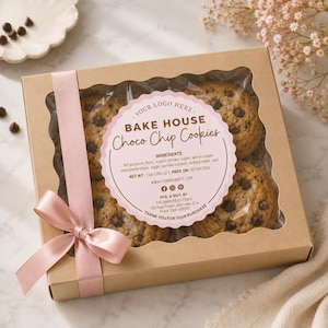 Può includere: Una scatola di biscotti con gocce di cioccolato di Bake House, legata con un nastro rosa. I biscotti sono visibili attraverso una finestra trasparente. L'etichetta recita "Choco Chip Cookies" ed elenca gli ingredienti.