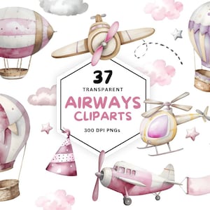 航空輸送の水彩画クリップアート | 保育園の装飾 | 女の赤ちゃん | ピンクのヘリコプター | 水彩画の飛行船 | 水彩画の飛行機。