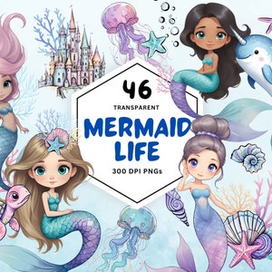 人魚のクリップアート | 水中の水彩イルカ | 人魚 PNG | ウミガメの城 | イルカのクリップアート | かわいい子供向けパステル プランナー ステッカー PNG。