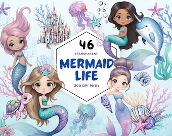 Mermaid Clipart | Underwater Watercolor Dolphin | Mermaid PNG | Sea Turtle Castle | Dolphin Clipart | Cute Kids Pastel Planner Stickers PNG.
