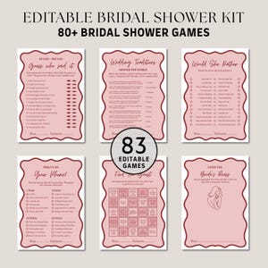 Puede incluir: Un conjunto de seis juegos imprimibles para la despedida de soltera en rosa y blanco. Los juegos incluyen "Guess Who Said It", "Wedding Traditions" y "Would She Rather". El kit incluye 83 juegos editables.