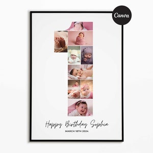 Collage de fotos número 1 de cumpleaños, regalo de cumpleaños, signo de hito de la foto del primer cumpleaños, plantilla editable del póster de la foto del primer cumpleaños, Canva