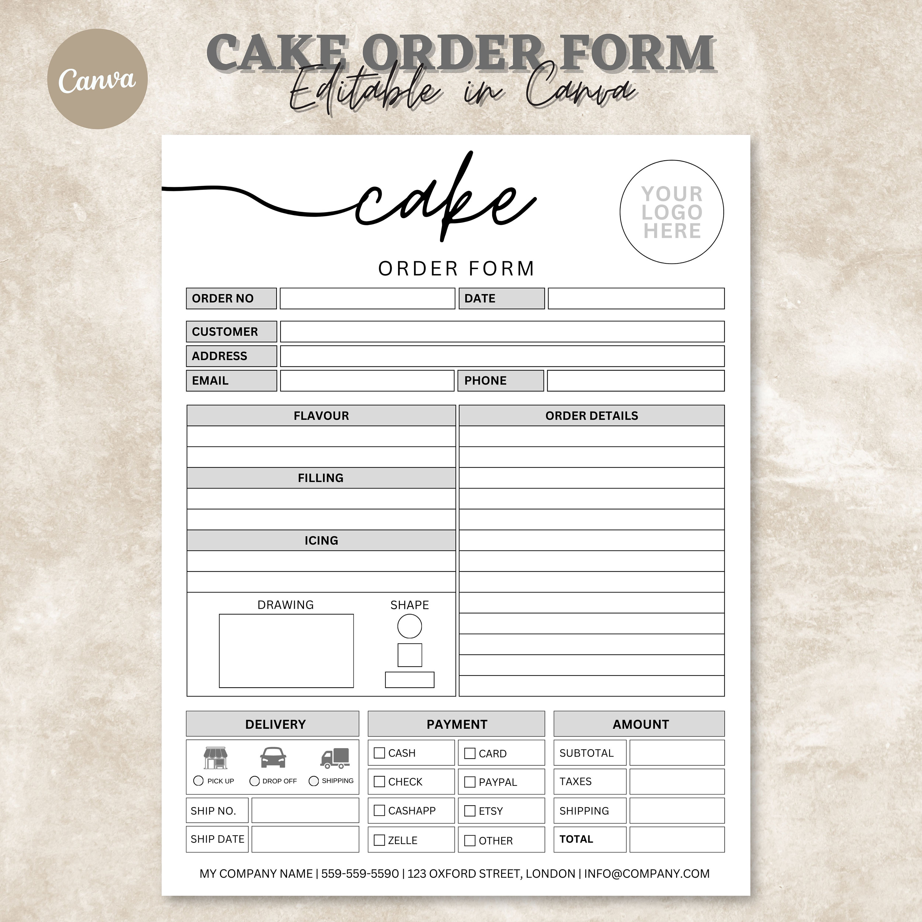 cake order form editable, bakery order form printable, small