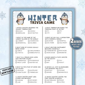 May include: A printable Winter Trivia Game with a light blue background, snowflakes, and penguin illustrations. The game includes questions about cold temperatures, glaciers, snowstorms, and winter sports. Text includes "Winter Trivia Game" and "Instant Download."