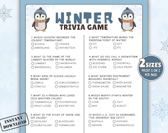 May include: A printable Winter Trivia Game with a light blue background, snowflakes, and penguin illustrations. The game includes questions about cold temperatures, glaciers, snowstorms, and winter sports. Text includes "Winter Trivia Game" and "Instant Download."