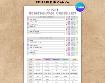Editable Homeschool Checklist, Homeschool Planner, Daily Schedule for Kids, school task planner, Schoolday Routine, Student Template.