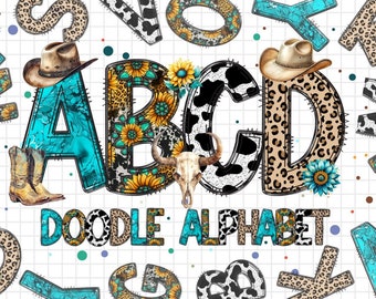 Könnte beinhalten: Ein türkisfarbenes, schwarzes und braunes Doodle-Alphabet mit den Buchstaben A, B, C und D. Die Buchstaben sind mit Kuhfell, Leopardenmuster, Sonnenblumen und türkisfarbenen Akzenten verziert. Der Text "Doodle Alphabet" befindet sich unter den Buchstaben.