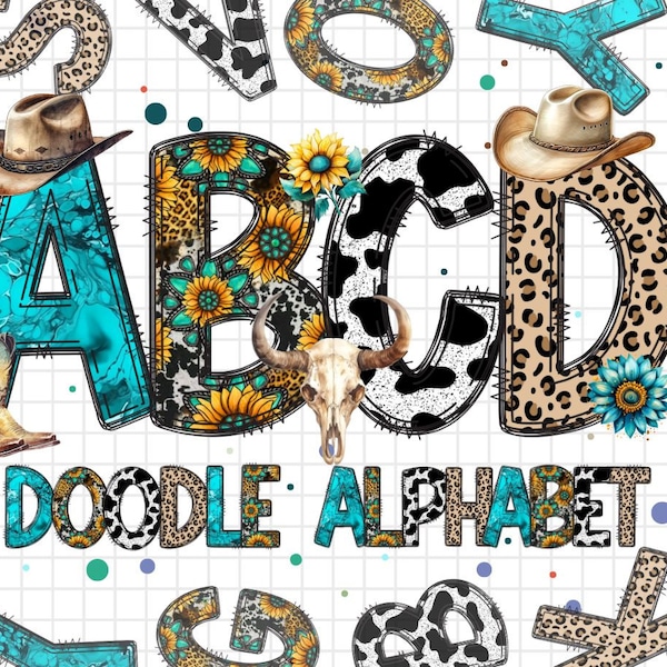 Country Doodle Letters, Western Alphabet, Cowboy Alphabet PNG, Entire Doodle Alphabet Doodle Set PNG, Doodle Art, Doodle Clip Art, Cowboy