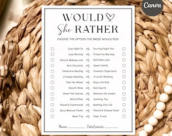 May include: A white Would She Rather game card with black text, designed for a bridal shower. The card features a list of options for the bride to choose from, with a space for the name and total points. The background is a woven texture.