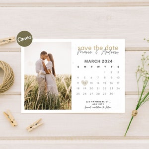 May include: Save the date card with a photo of a couple in a field. The card features a calendar with a heart on March 12th, 2024. The text reads "Save the date, Marie & Andrew, March 2024, 123 Anywhere St., Any City, formal invitation to follow."