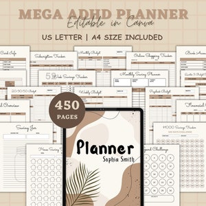Puede incluir: Un planificador digital de 450 páginas para organizar las finanzas, que incluye un presupuesto mensual, un rastreador de ahorros y un calendario financiero. El planificador está diseñado en un estilo minimalista con colores marrones y beige y un diseño de hojas.