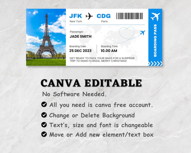 Editable Boarding Pass Canva Template, Printable Airline Ticket ...