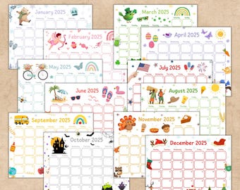 2026 Calendar Printable, Cute Kids Calendar 2026, kids' monthly planner, Season calendar, 2026 wall calendar, fillable calendars.