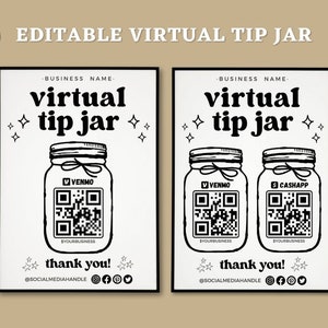 Printable Virtual Tip Jar Venmo Payment Sign, QR Code Sign Canva Template Editable Tips Accepted Sign Canva Template Instant Download, Canva