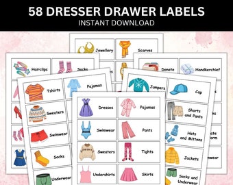 58 Kids Dresser Drawer Labels, Printable Kids Closet Storage Stickers, Kids Drawer Labels, Organization Labels, Kids Clothing Storage labels