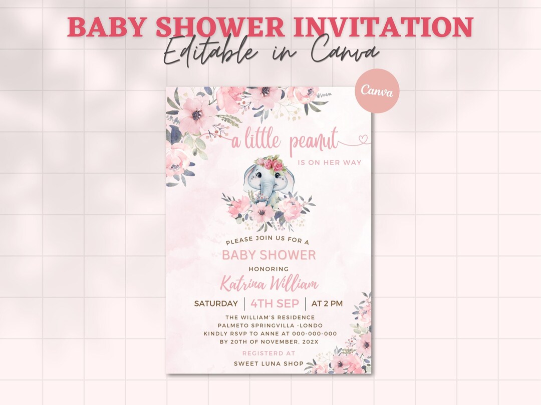 EDITABLE Blush Pink Rose Gold Elephant Baby Shower Invitation Girl Baby ...