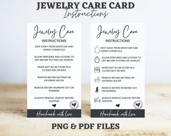 Tarjeta de instrucciones de cuidado de joyas imprimible, inserto de embalaje, suministros para pequeñas empresas, PDF, PNG, listo para imprimir, tarjeta de cuidado, descarga instantánea.