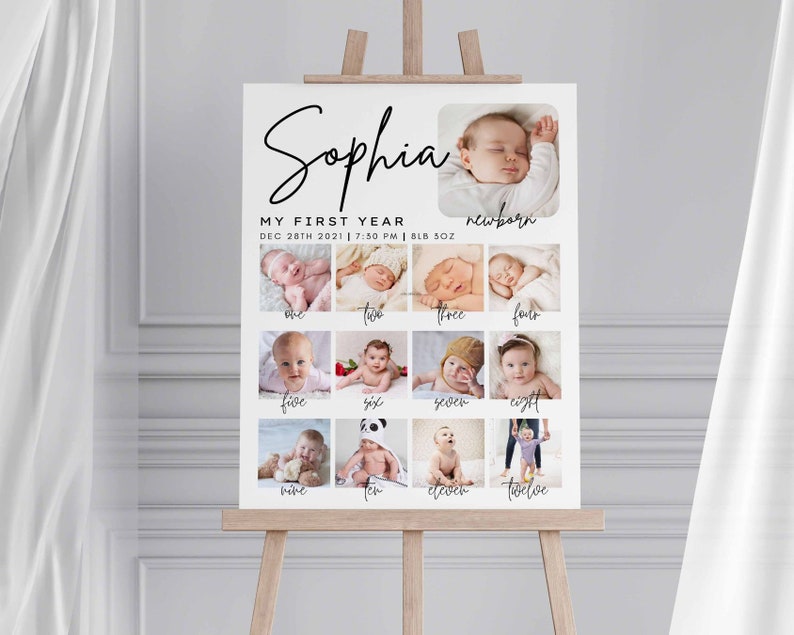 milestone birthday sign, printable baby's first year poster template, baby 1st birthday milestone board, 1st Birthday Photo Collage Sign