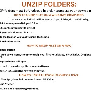 May include: A guide on how to unzip folders on a Windows computer, Mac, and iPhone or iPad. The guide includes step-by-step instructions for each platform.