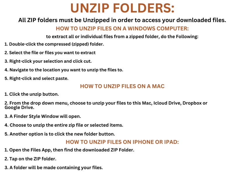 May include: A guide on how to unzip folders on a Windows computer, Mac, and iPhone or iPad. The guide includes step-by-step instructions for each platform.