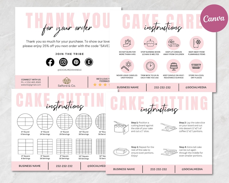 Cake Care Cards Bundle, Editable Cake Cutting Guide Cards, Printable Cake Business Thank You, Cake Business Packaging Canva Template.