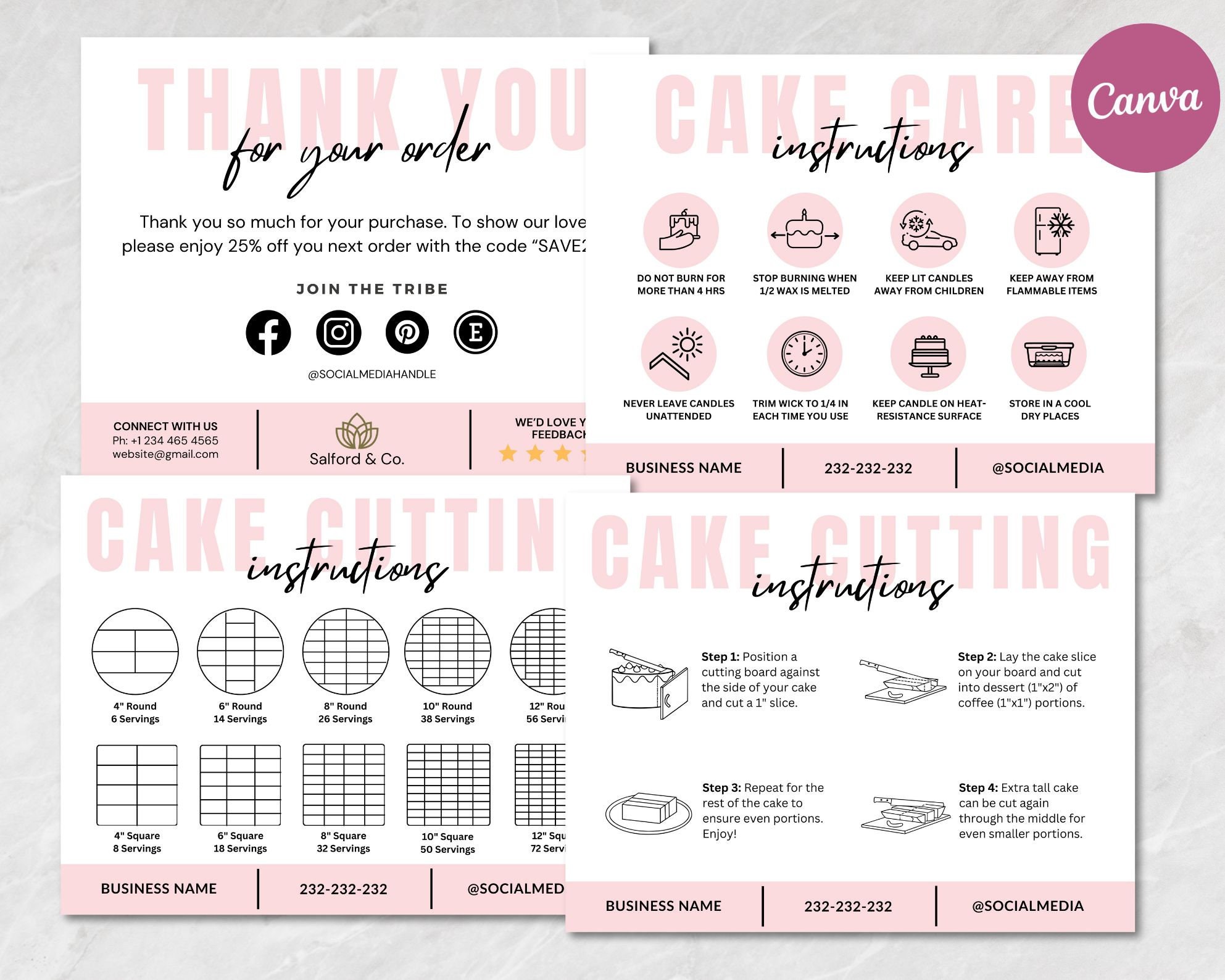 Cake Care Cards Bundle, Editable Cake Cutting Guide Cards, Printable Cake Business Thank You, Cake Business Packaging Canva Template.