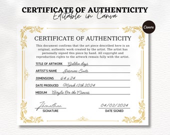 Certificato di autenticità modificabile per modello di opera d'arte, modello Canva di certificato di autenticità stampabile per artista COA, download digitale