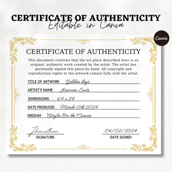 Editable Certificate of Authenticity for Artwork Template, Printable Certificate of Authenticity Artist COA Canva Template, Digital Download