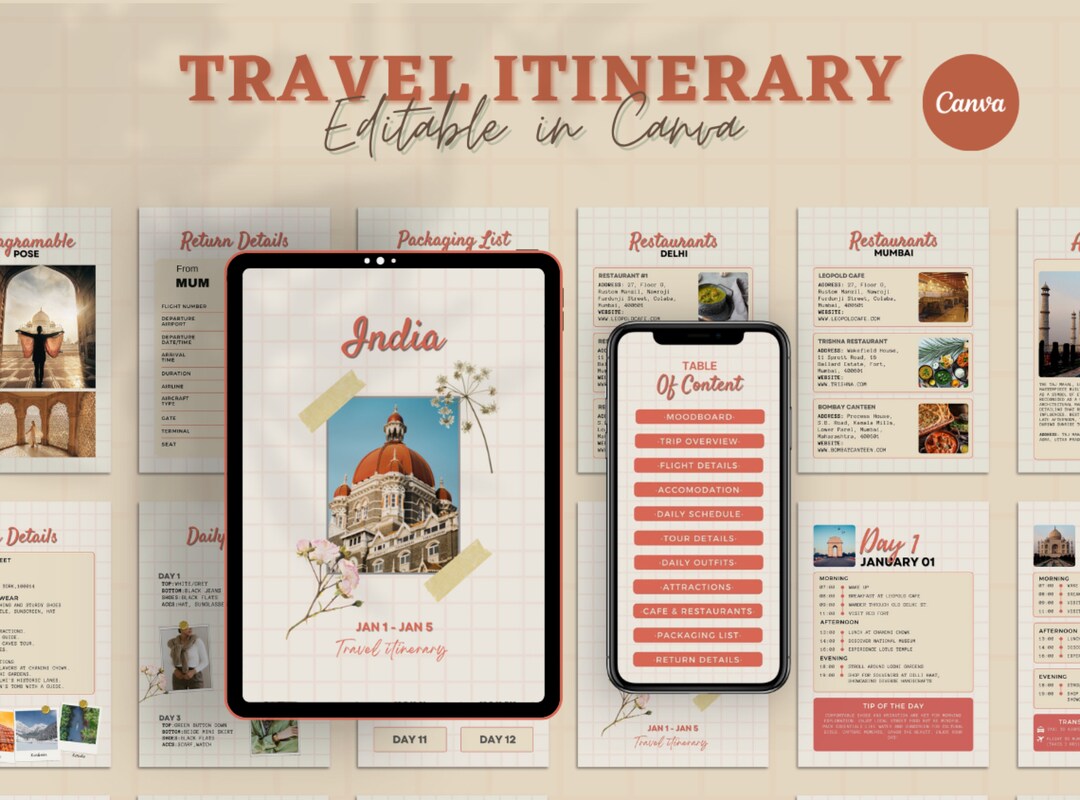 Editable Travel Itinerary Template, Travel Planner, Printable Travel