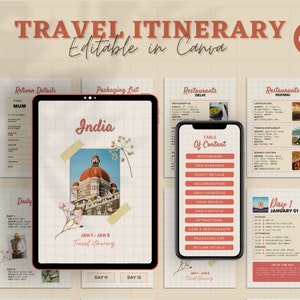 Editable Travel Itinerary Template, Travel Planner, Printable Travel Guide, Digital Travel Guide, Canva Template, ipad Itinerary, Planner