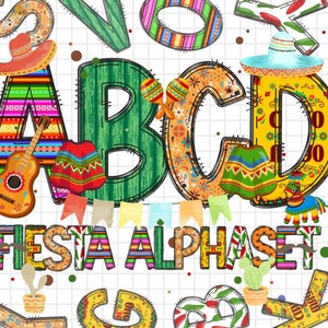 Alfabeto Fiesta Doodle, Letras, números y accesorios Fiesta PNG, Clipart del Cinco de Mayo, Fuente mexicana, Clipart de Fiesta, Alfabeto PNG