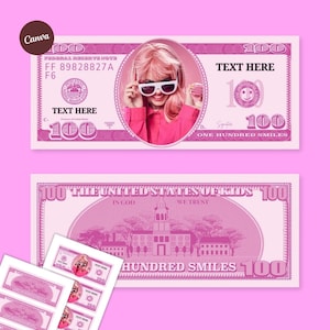 Pink 100 Dollar Bill Template, Custom Game Party Play Money, Add Your Text & Face on Money, Editable Printable Pink Hundred Dollar Bucks