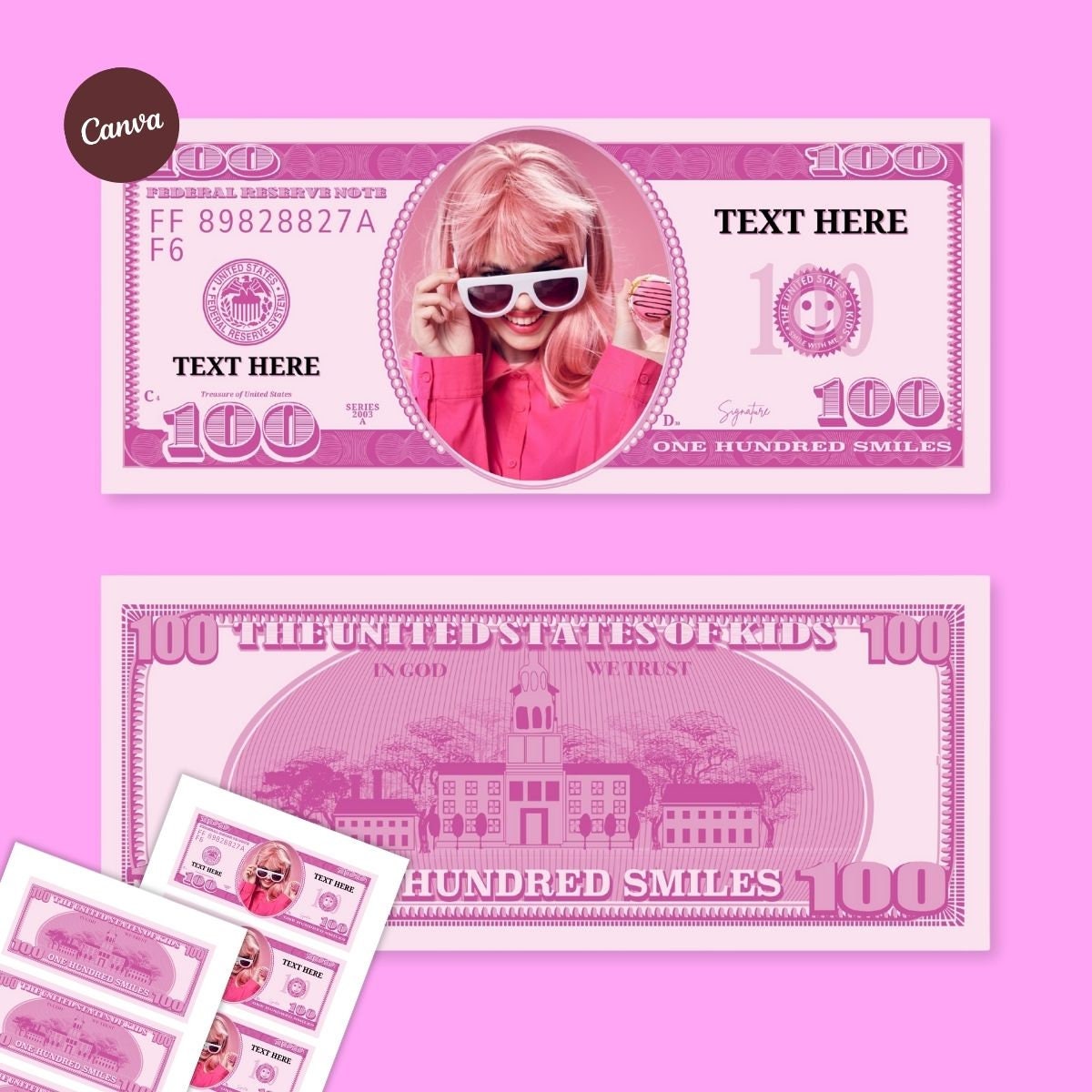 Pink 100 Dollar Bill Template, Custom Game Party Play Money, Add Your Pink 100 Dollar Bill Template, Custom Game Party Play Money, Add Your