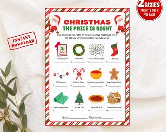 Könnte beinhalten: Eine druckbare Weihnachtsspielkarte mit einem rot-grünen Rand. Die Karte zeigt Illustrationen von Weihnachtselementen wie Ornamenten, Lichtern und einem Lebkuchenhaus. Der Text auf der Karte lautet "Christmas The Price is Right" und "Instant Download."